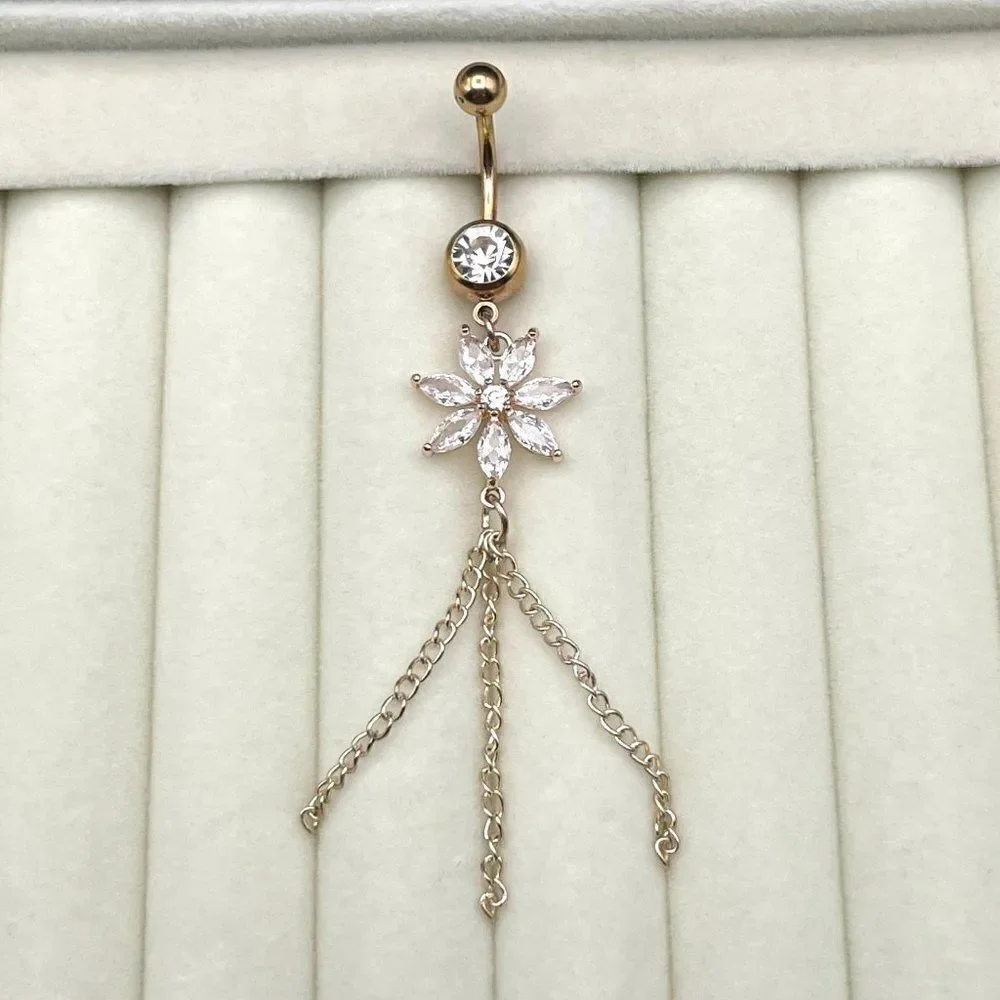 316L Stainless Steel with White Diamond Cubic Zirconia Flower 14G Belly Ring